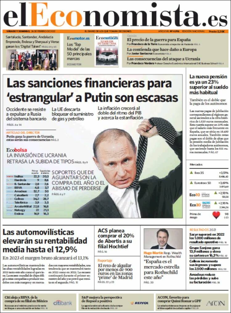 carbón ganancia simpatía Periódico El Economista (España). Periódicos de España. Edición de domingo,  27 de febrero de 2022. Kiosko.net