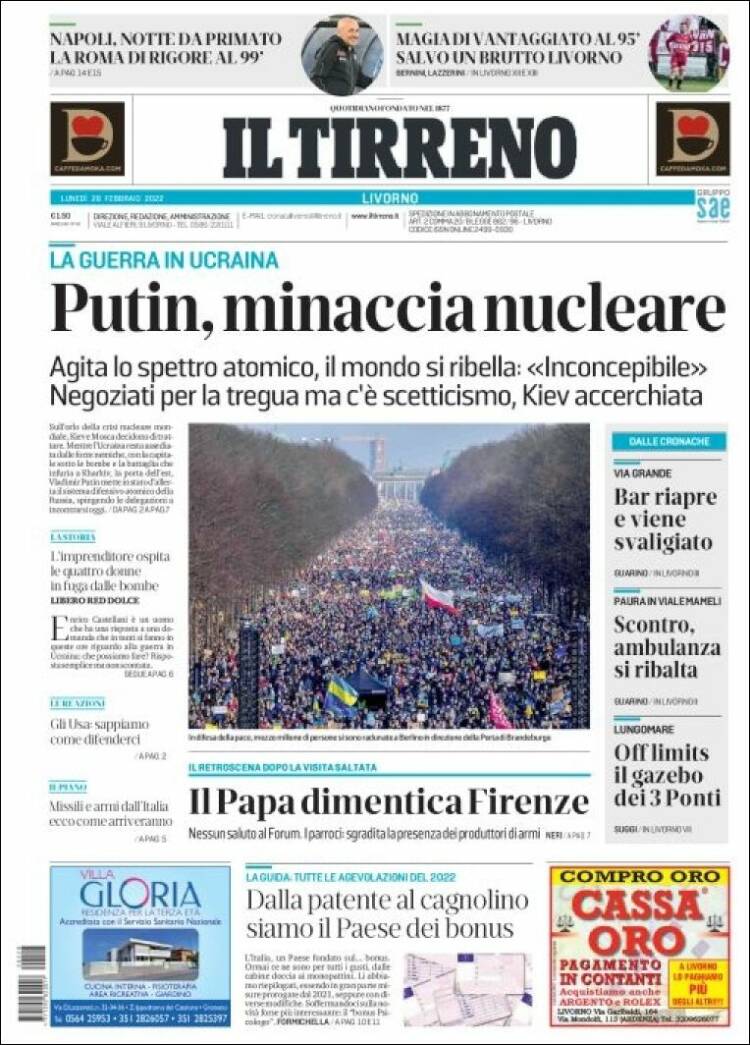 Portada de Il Tirreno (Italie)