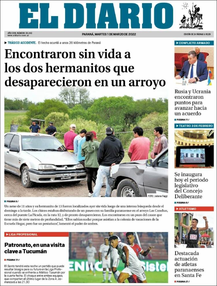 Portada de El Diario de Paraná (Argentina)