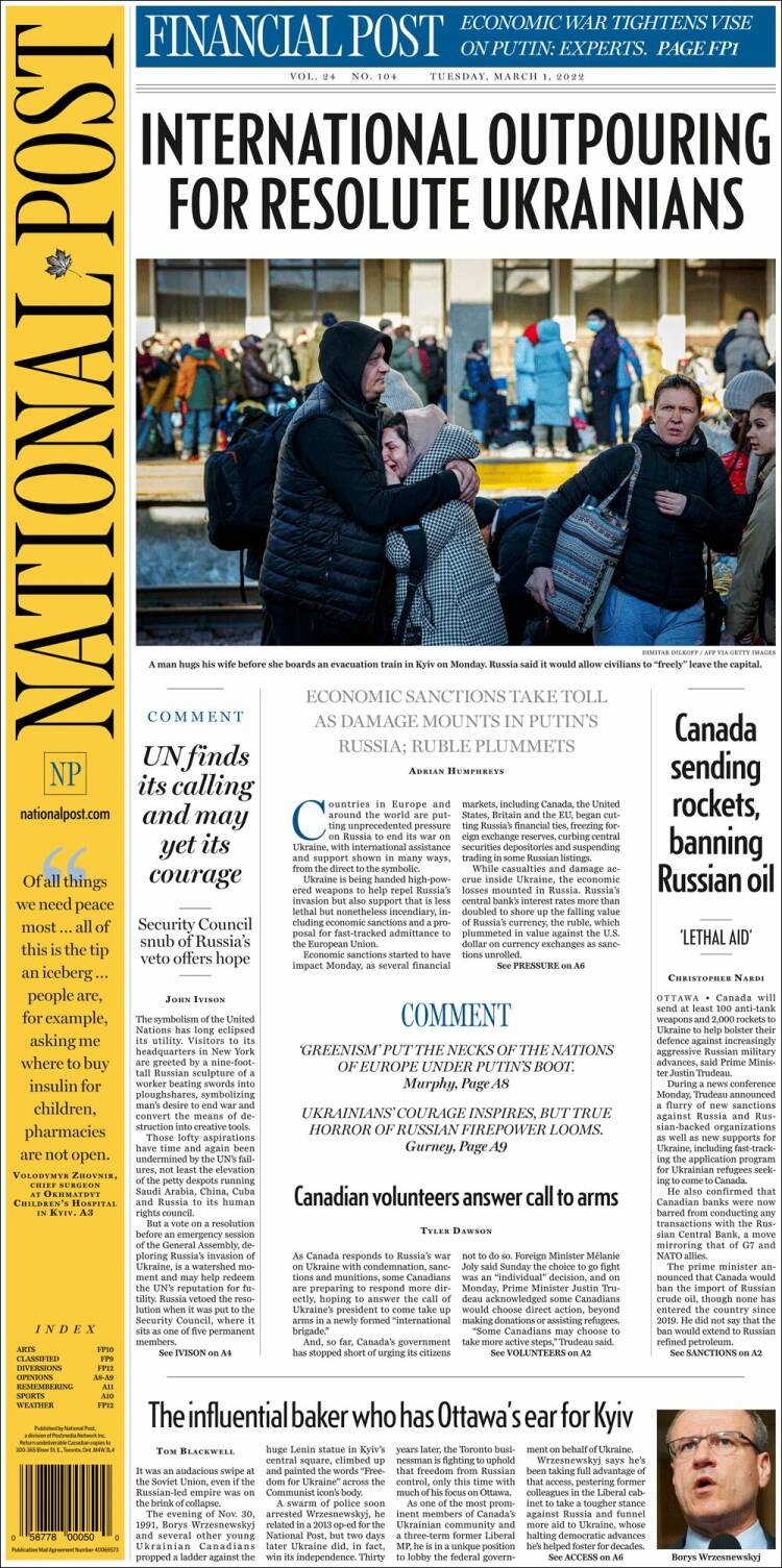 Portada de The National Post (Canadá)