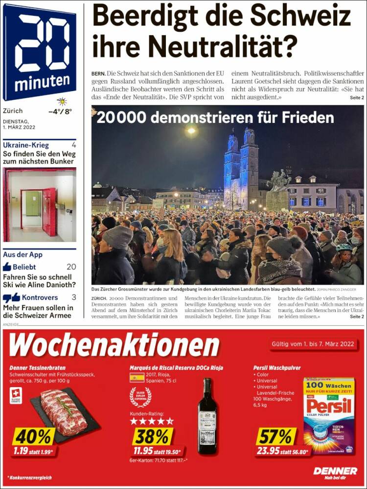 Portada de 20Minuten - Zürich (Suisse)