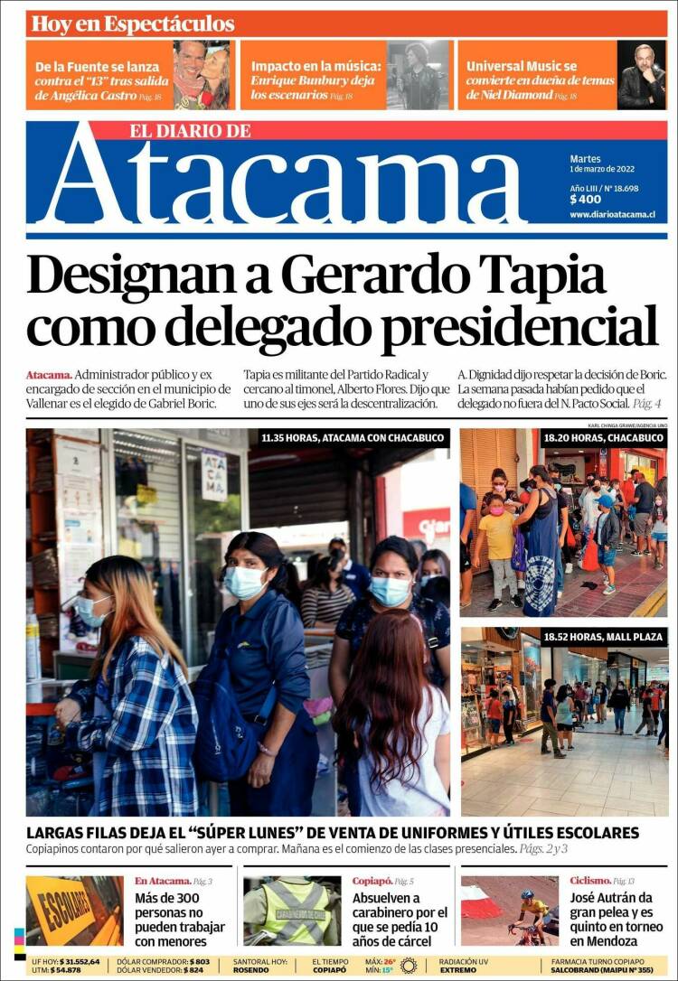 Portada de Diario de Atacama (Chile)