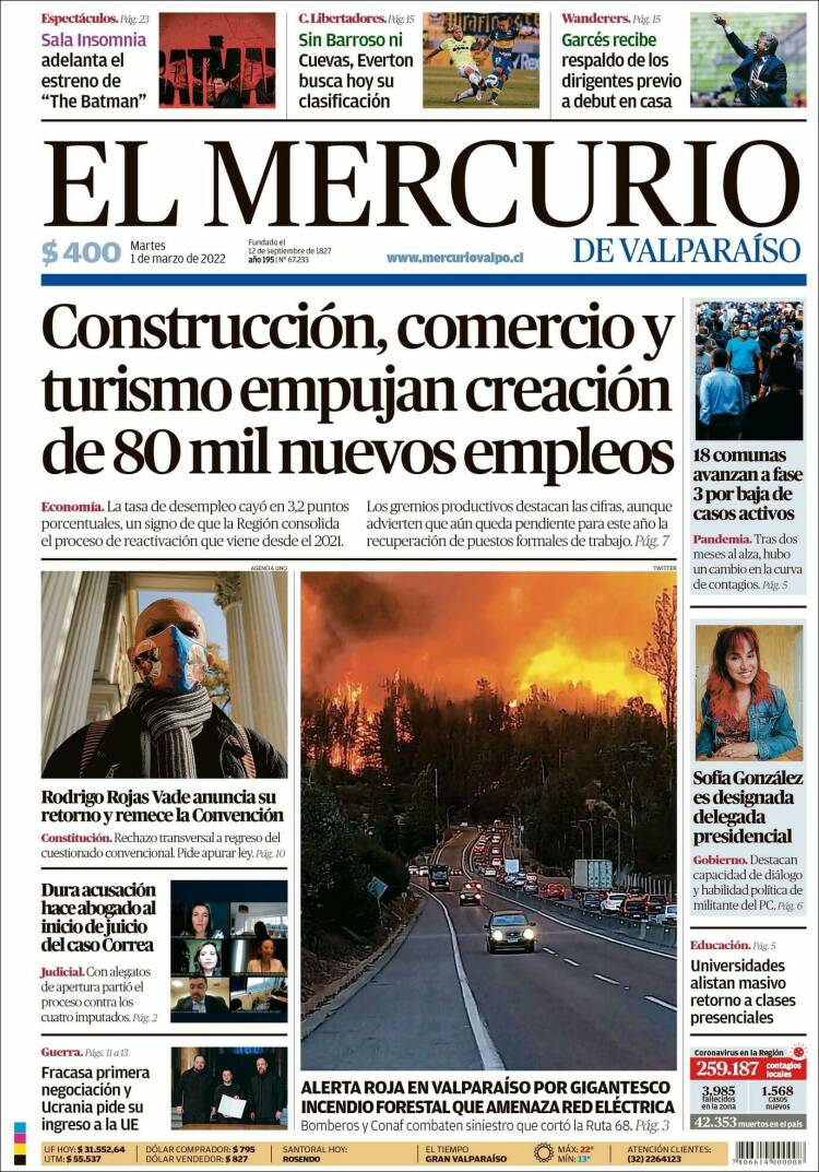 Portada de Mercurio de Valparaiso (Chile)