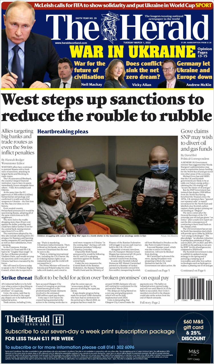 Portada de The Herald (Royaume-Uni)