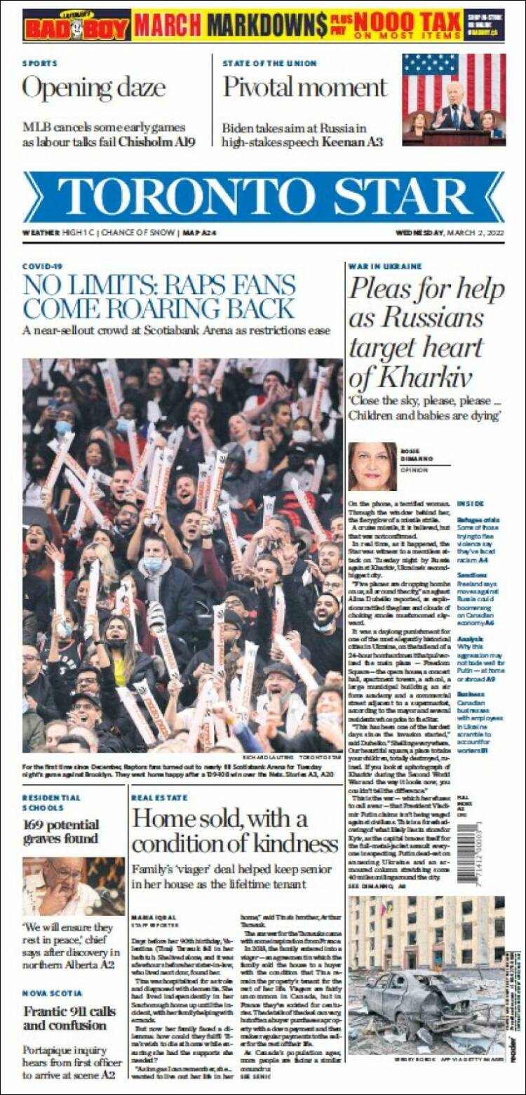 Newspaper The Toronto Star (Canada). Newspapers in Canada. Today's