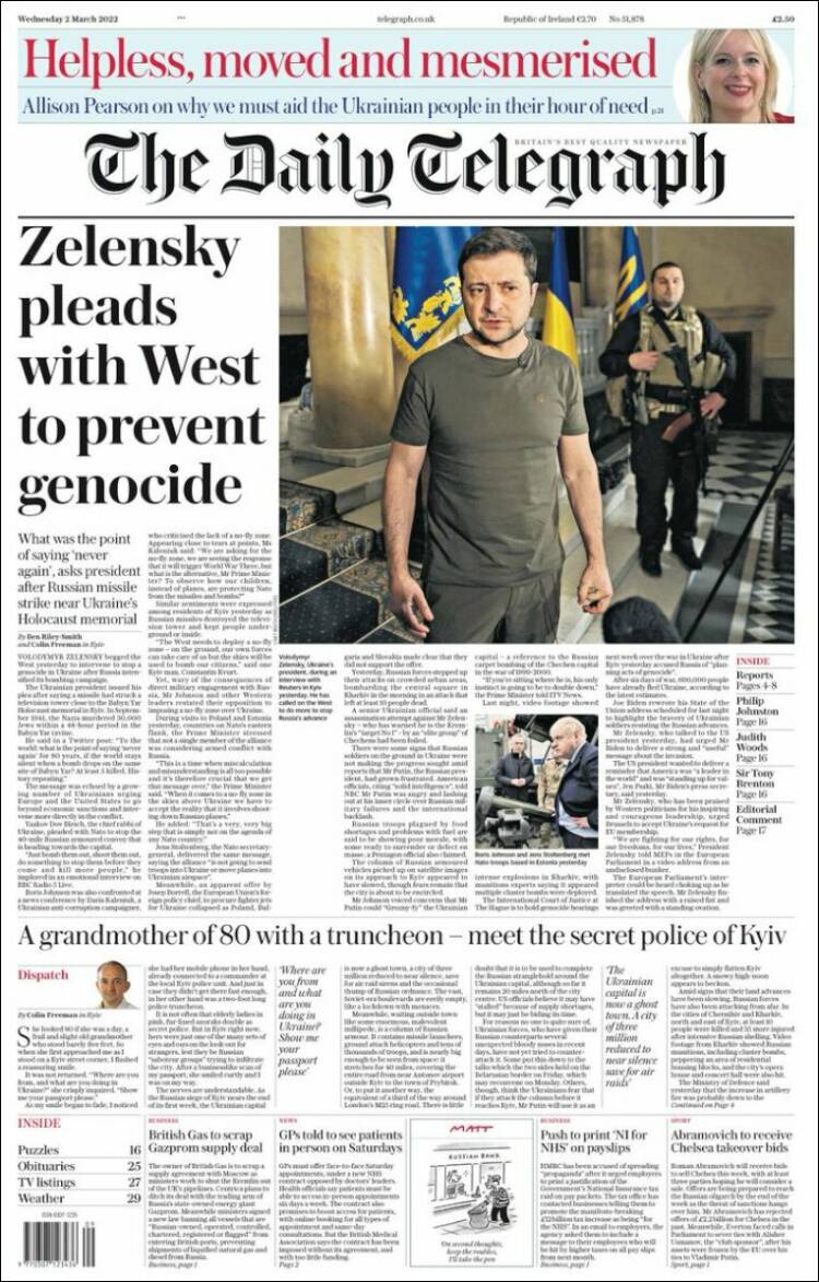 Portada de Daily Telegraph (Royaume-Uni)