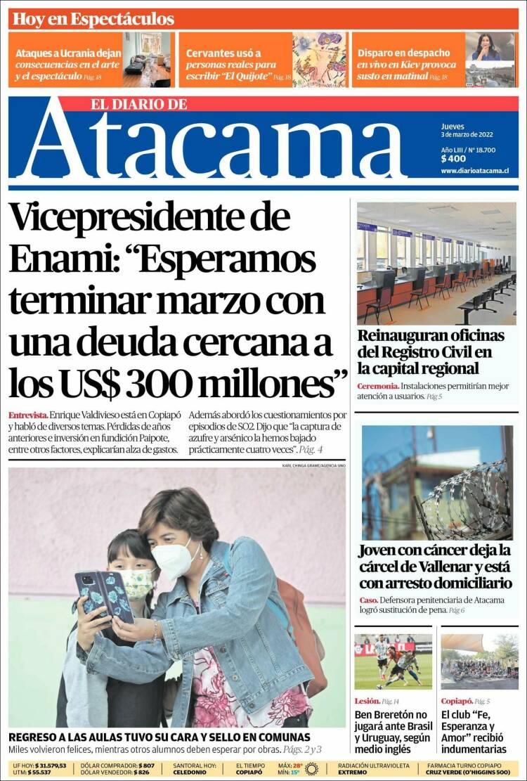 Portada de Diario de Atacama (Chile)