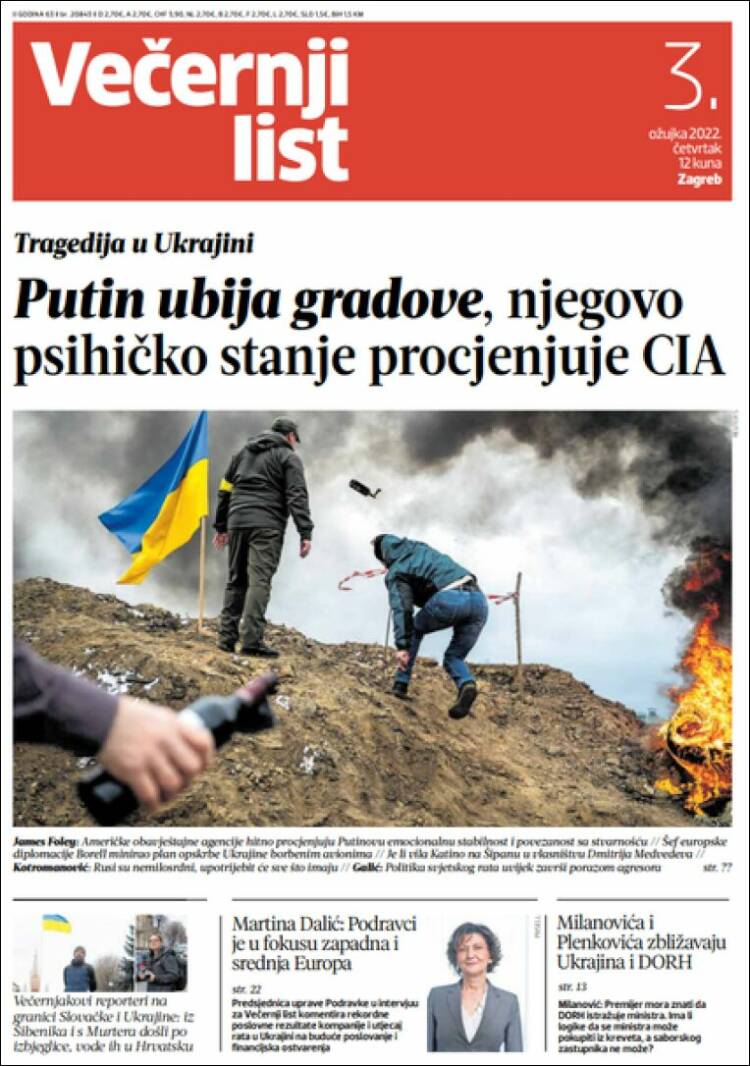 Portada de Večernji (Croacia)