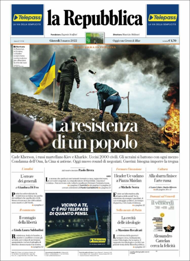 Portada de La Repubblica (Italia)