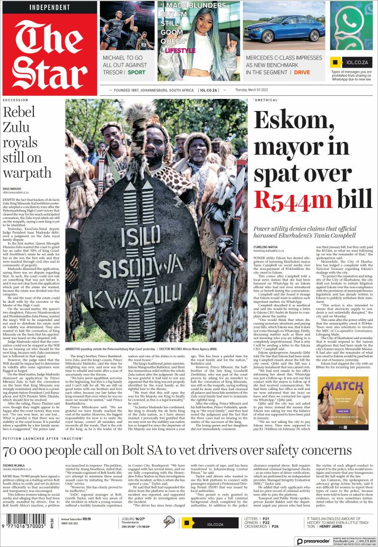 Portada de The Star (Sud&aacute;frica)