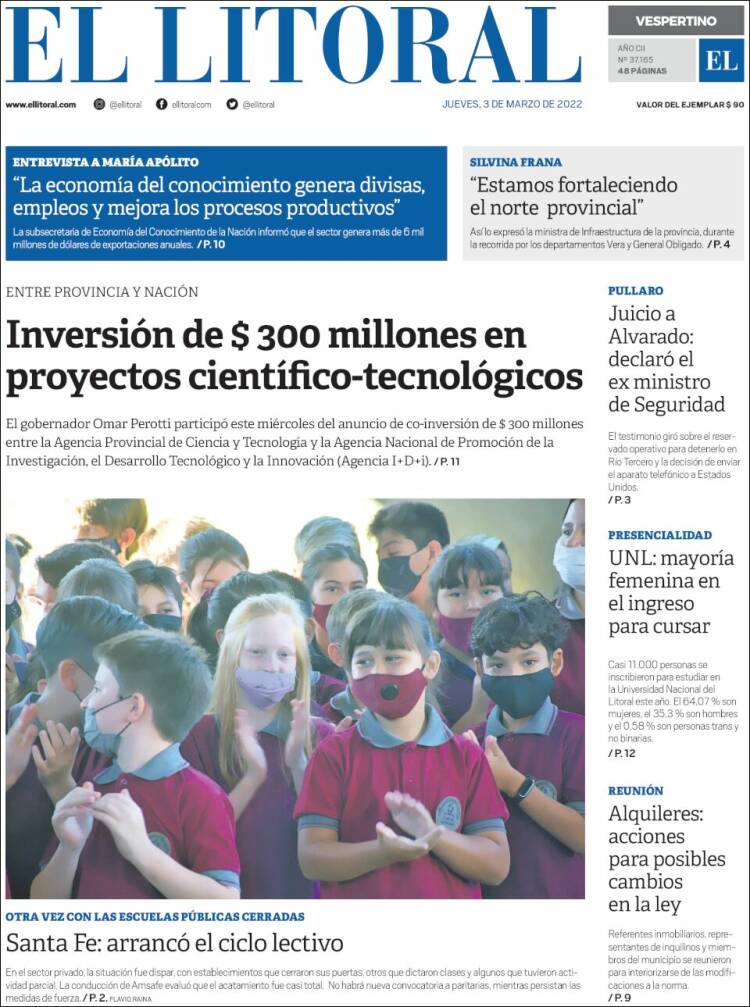Portada de Diario El Litoral (Argentina)