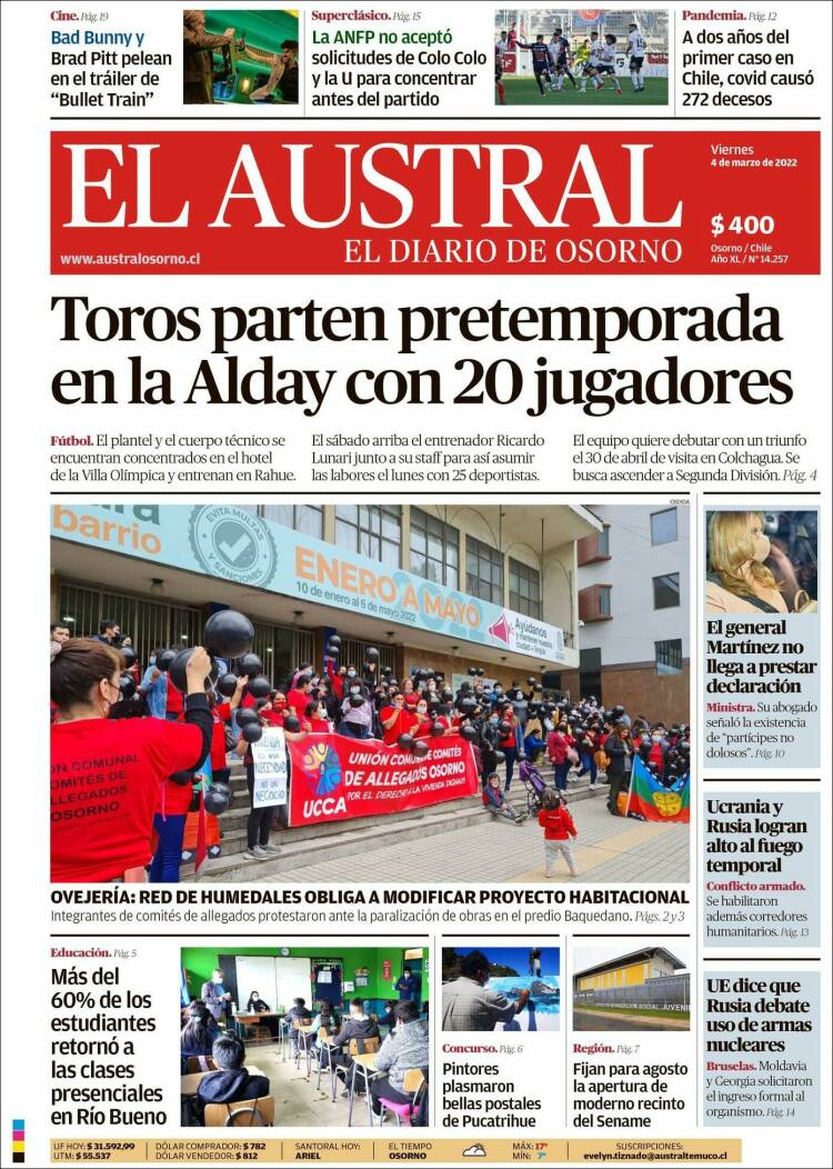 Portada de El Austral de Osorno (Chile)
