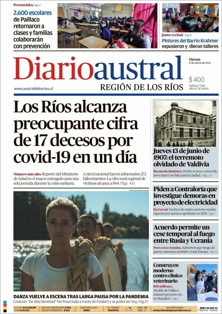 Portada de El Diario Austral de Valdivia (Chile)