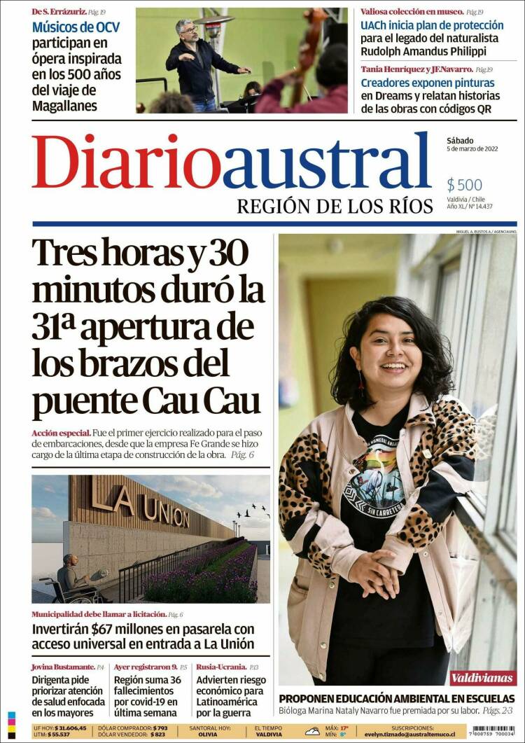 Portada de El Diario Austral de Valdivia (Chile)