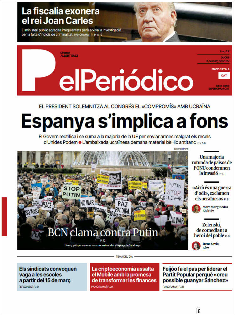 Portada de El Periódico de Catalunya (España)