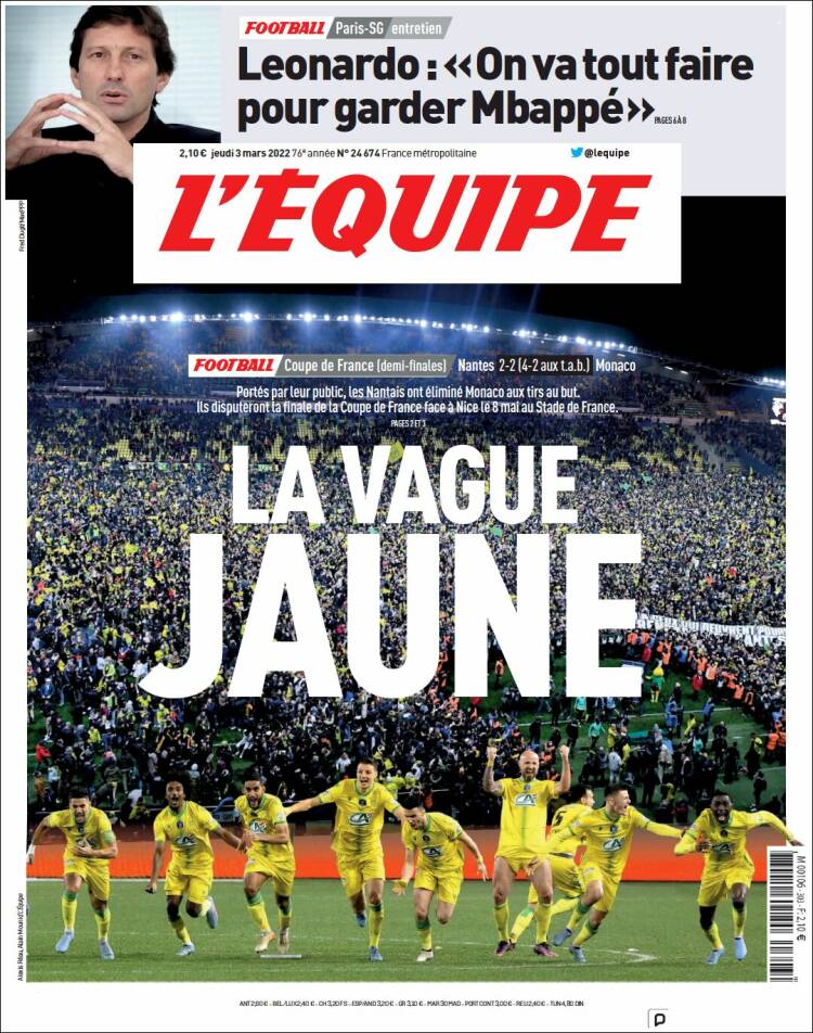 Portada de L'Equipe (Francia)
