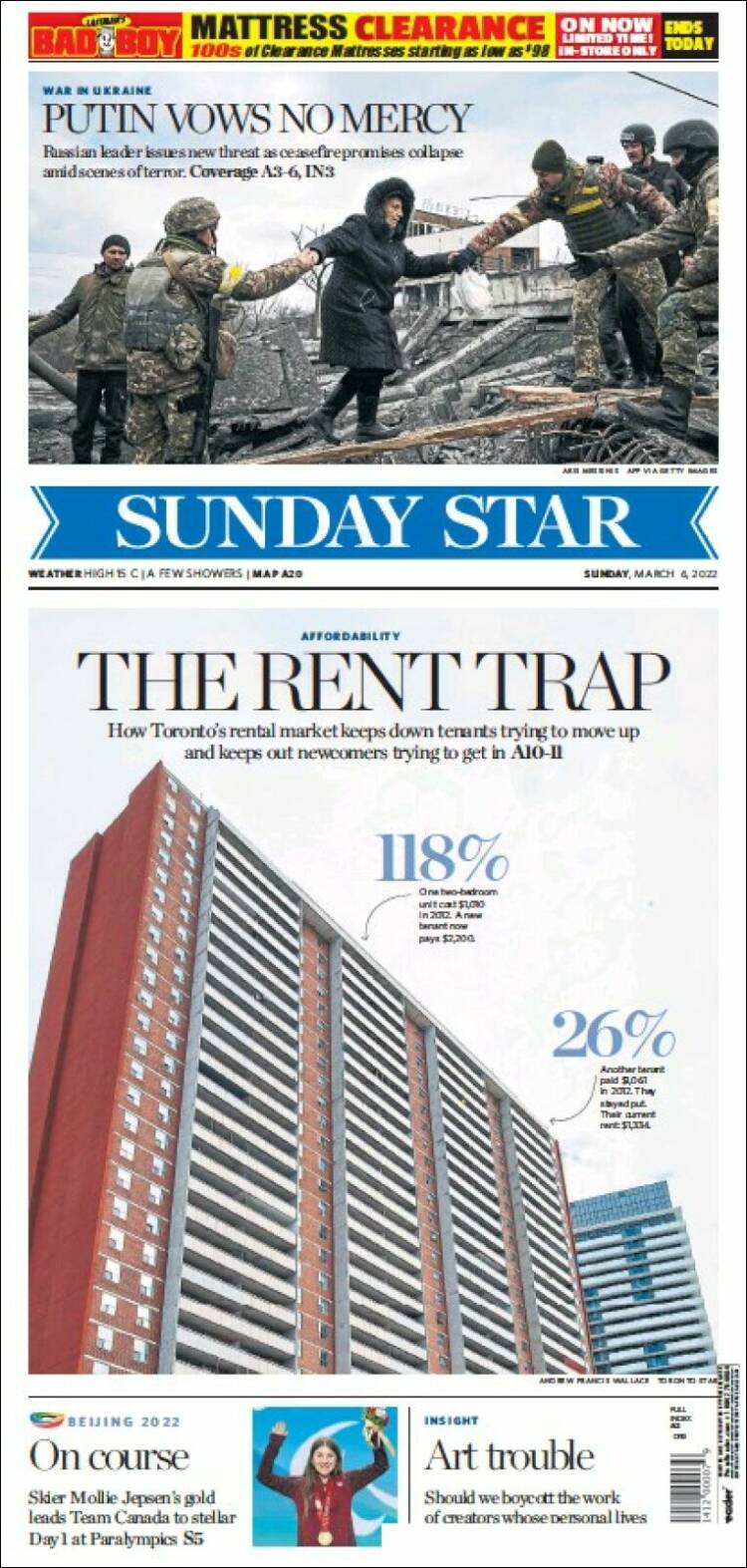 Portada de The Toronto Star (Canadá)