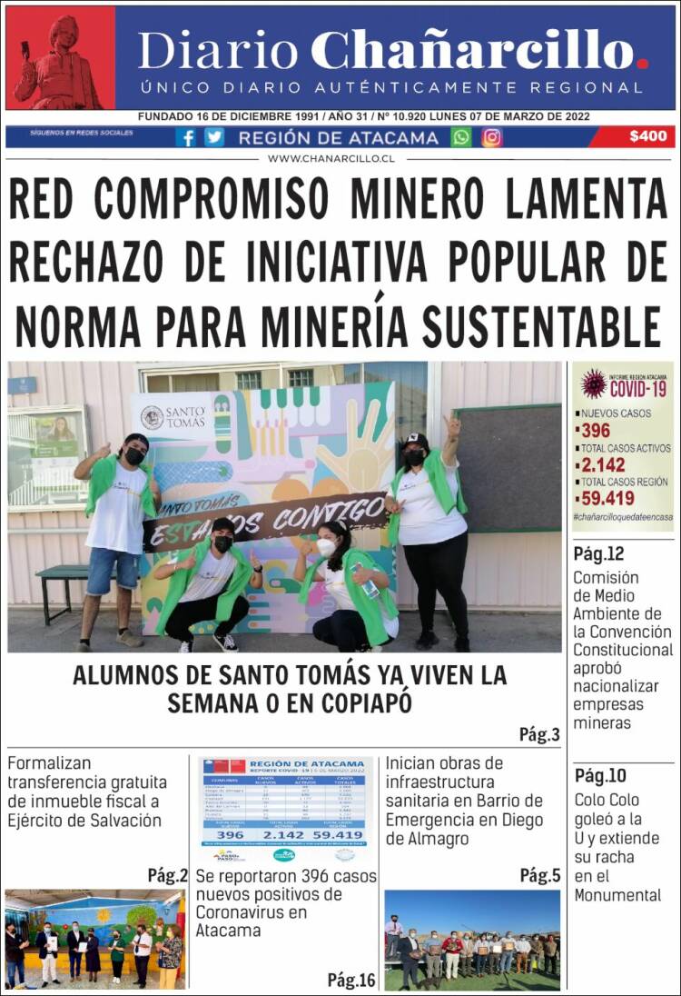 Portada de Diario Chañarcillo (Chile)