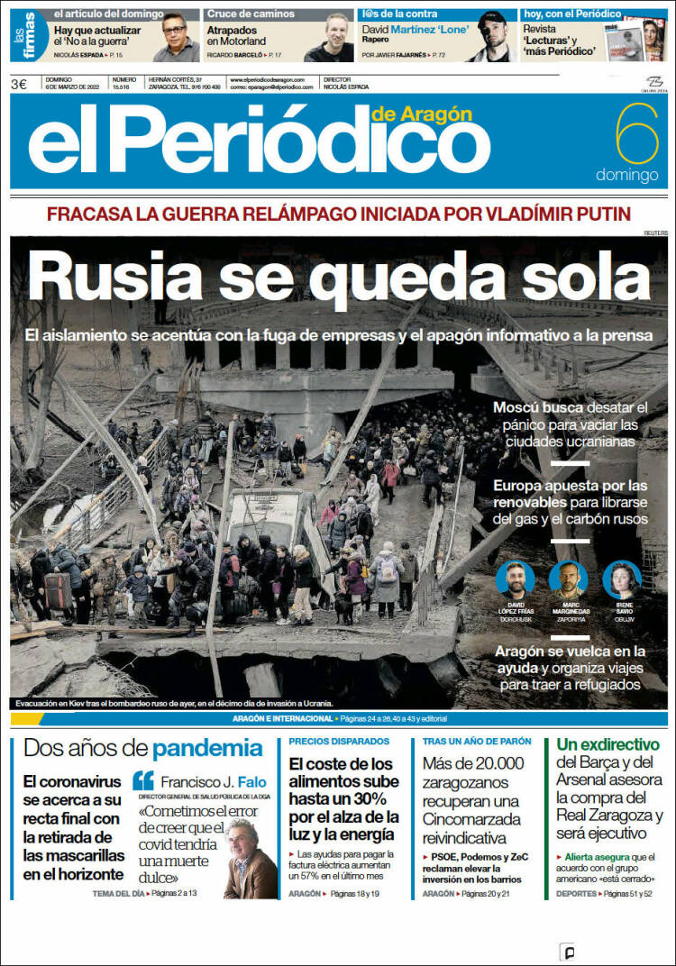 Portada de El Periódico de Aragón (España)