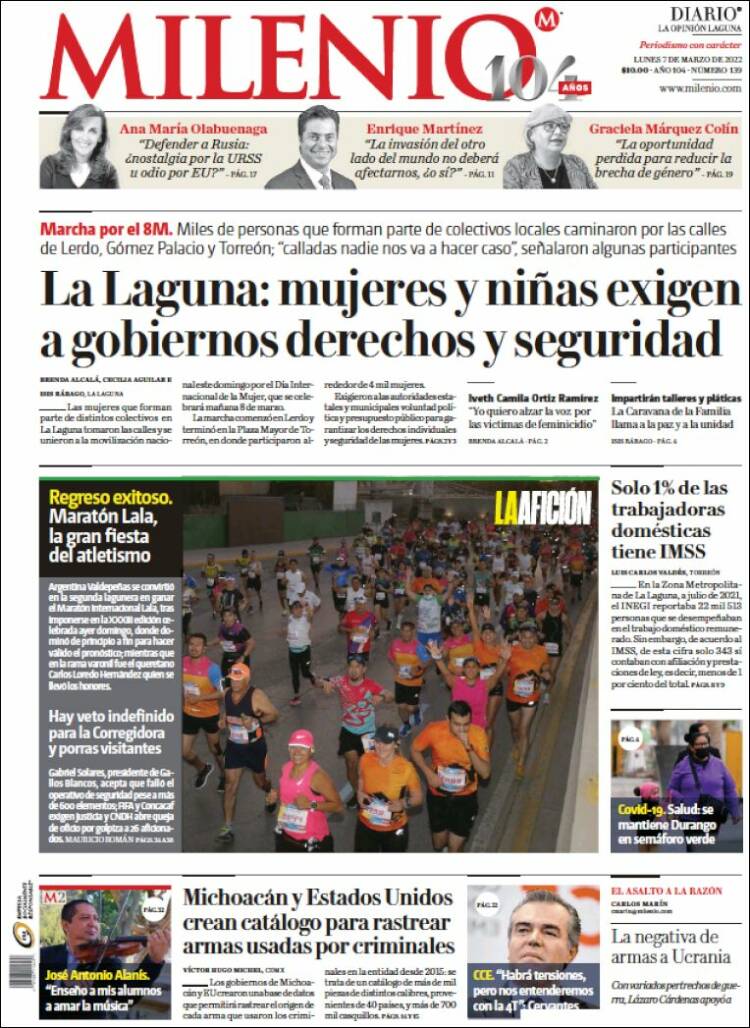 Portada de Milenio - Laguna (México)