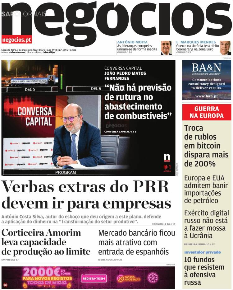 Portada de Jornal de Negócios (Portugal)