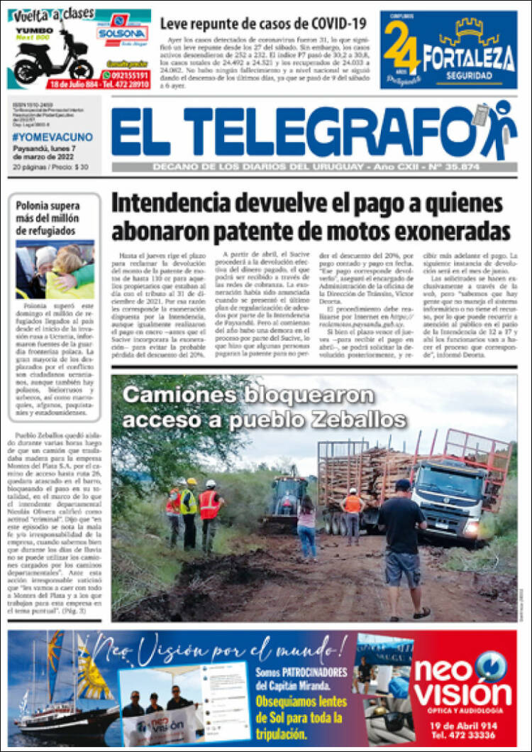 Portada de El Telégrafo (Uruguay)