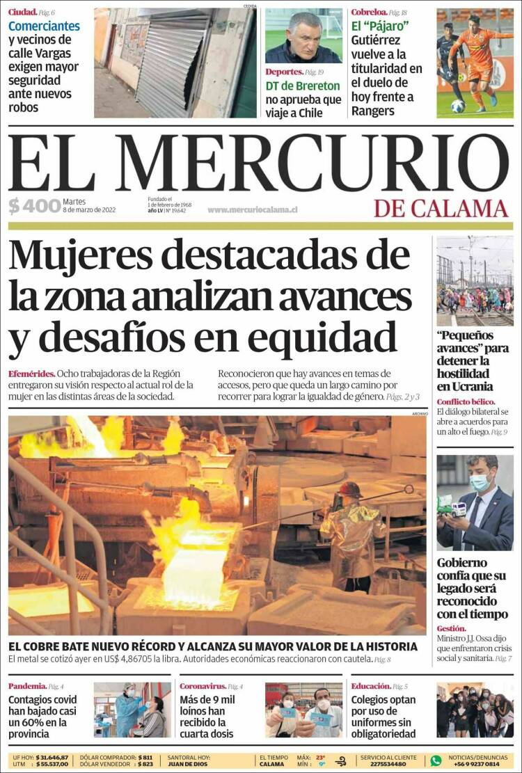 Portada de El Mercurio - Calama (Chile)