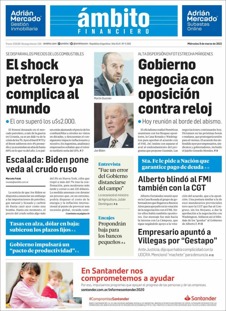 Portada de Diario Ambito Financiero (Argentina)