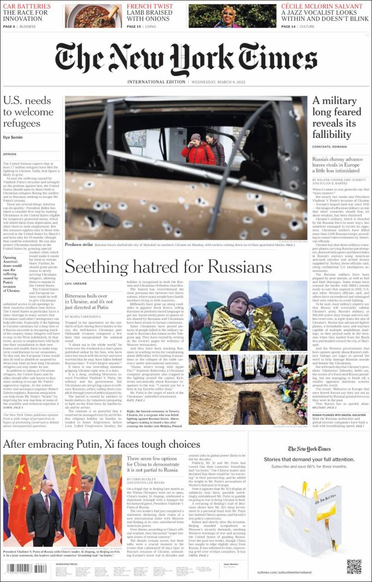 Portada de International New York Times (Europa)