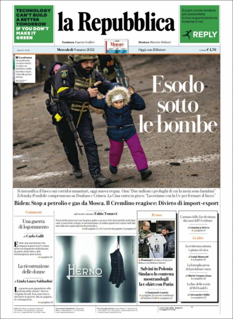 Portada de La Repubblica (Italia)