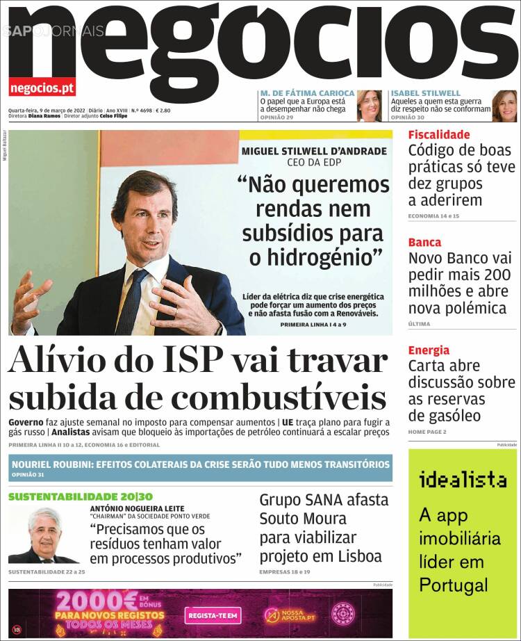 Portada de Jornal de Negócios (Portugal)