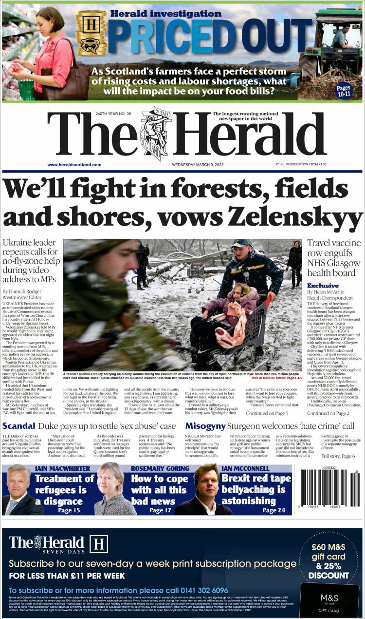 Portada de The Herald (Reino Unido)