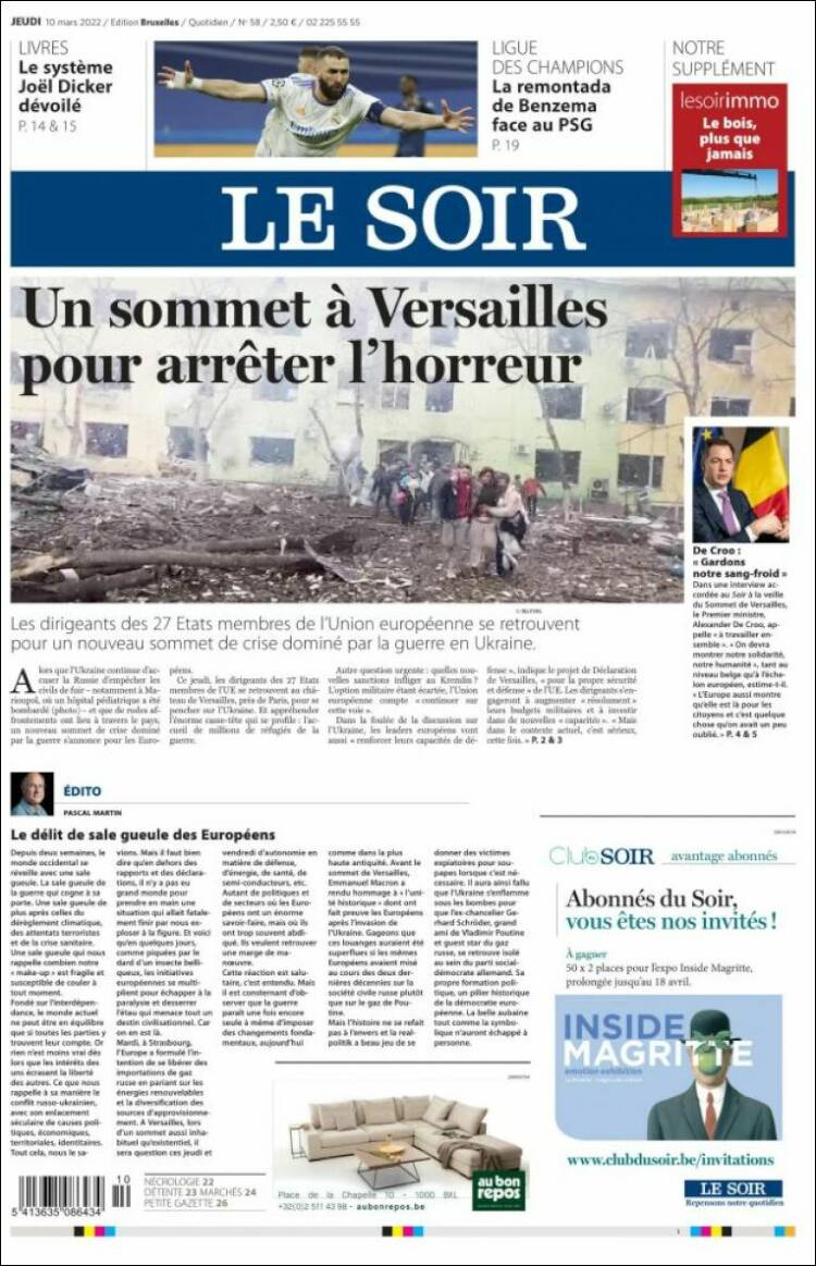 Portada de Le Soir (B&eacute;lgica)