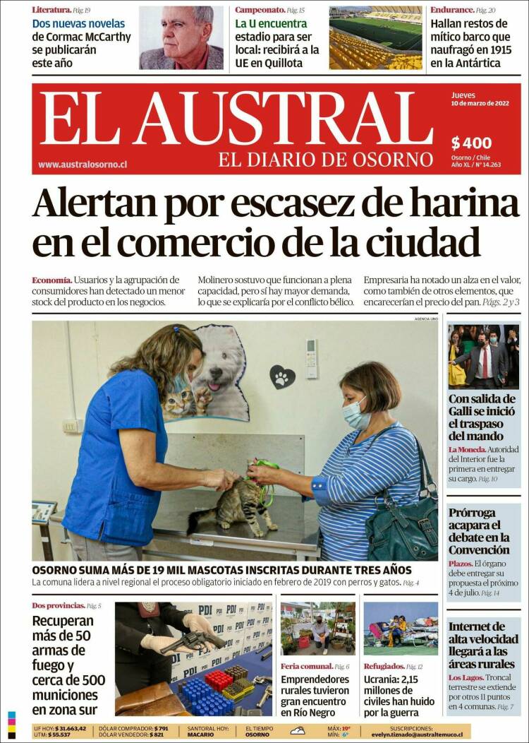 Portada de El Austral de Osorno (Chile)