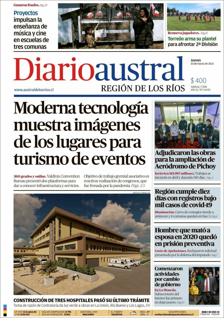 Portada de El Diario Austral de Valdivia (Chile)