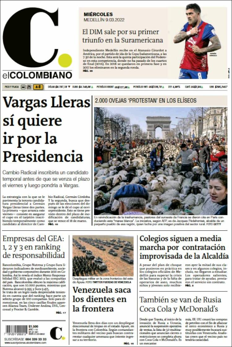 Portada de El Colombiano (Colombia)