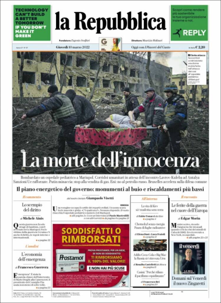 Portada de La Repubblica (Italia)
