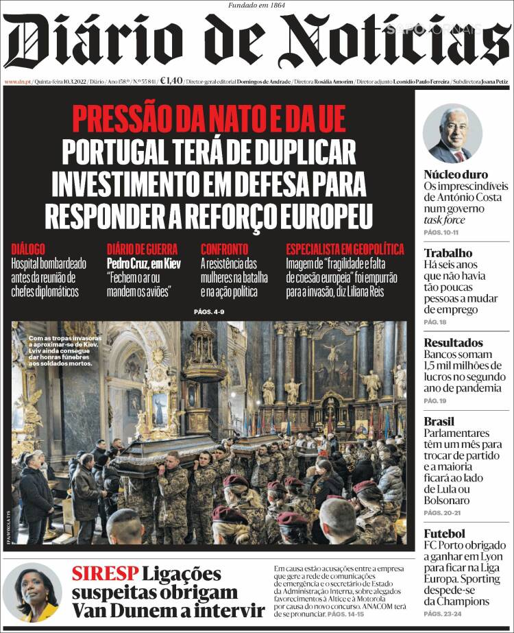 Portada de Diário de Noticias (Portugal)