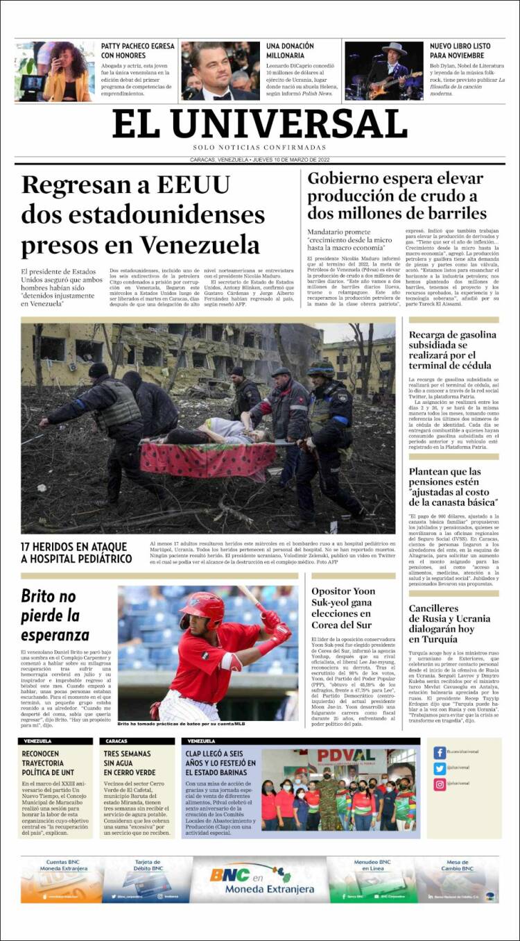 Portada de Universal (Venezuela)