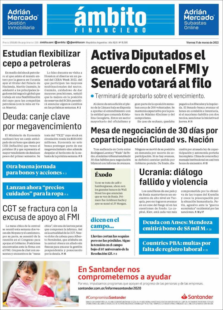 Portada de Diario Ambito Financiero (Argentina)