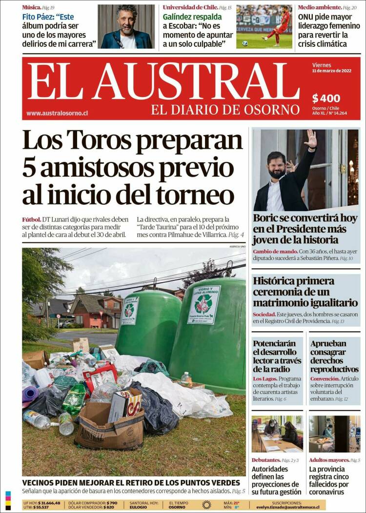 Portada de El Austral de Osorno (Chile)
