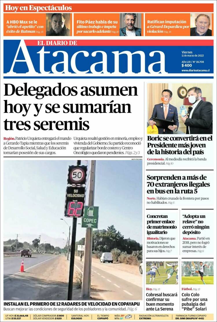Portada de Diario de Atacama (Chile)