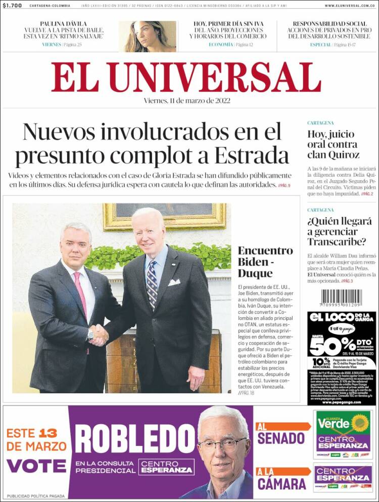 Portada de El Universal (Colombia)