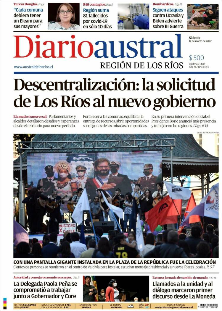 Portada de El Diario Austral de Valdivia (Chile)