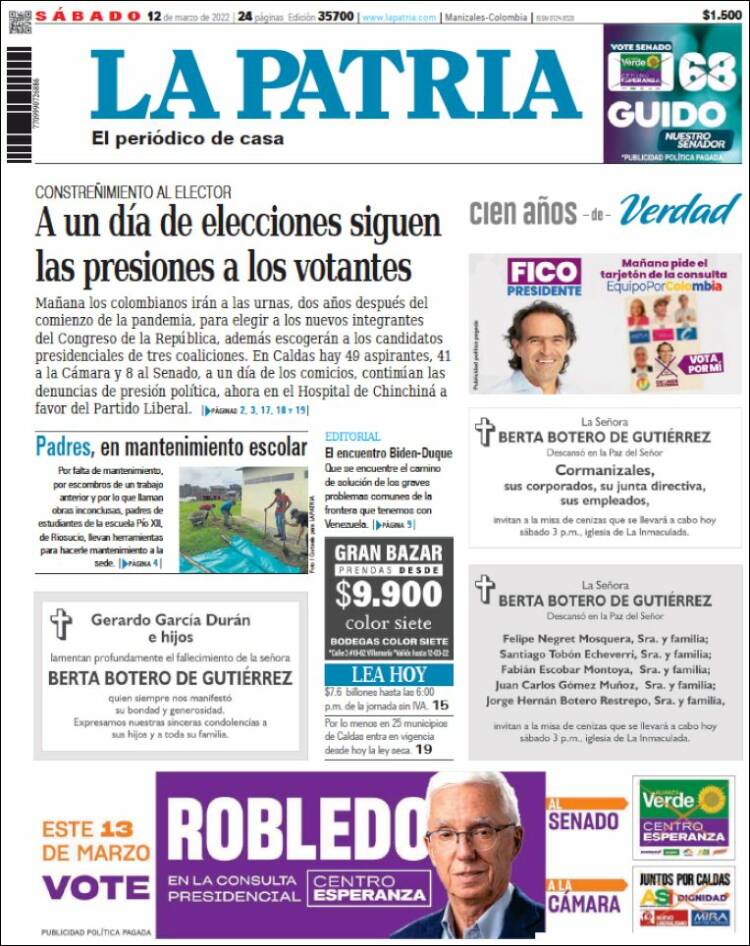 Portada de La Patria (Colombia)