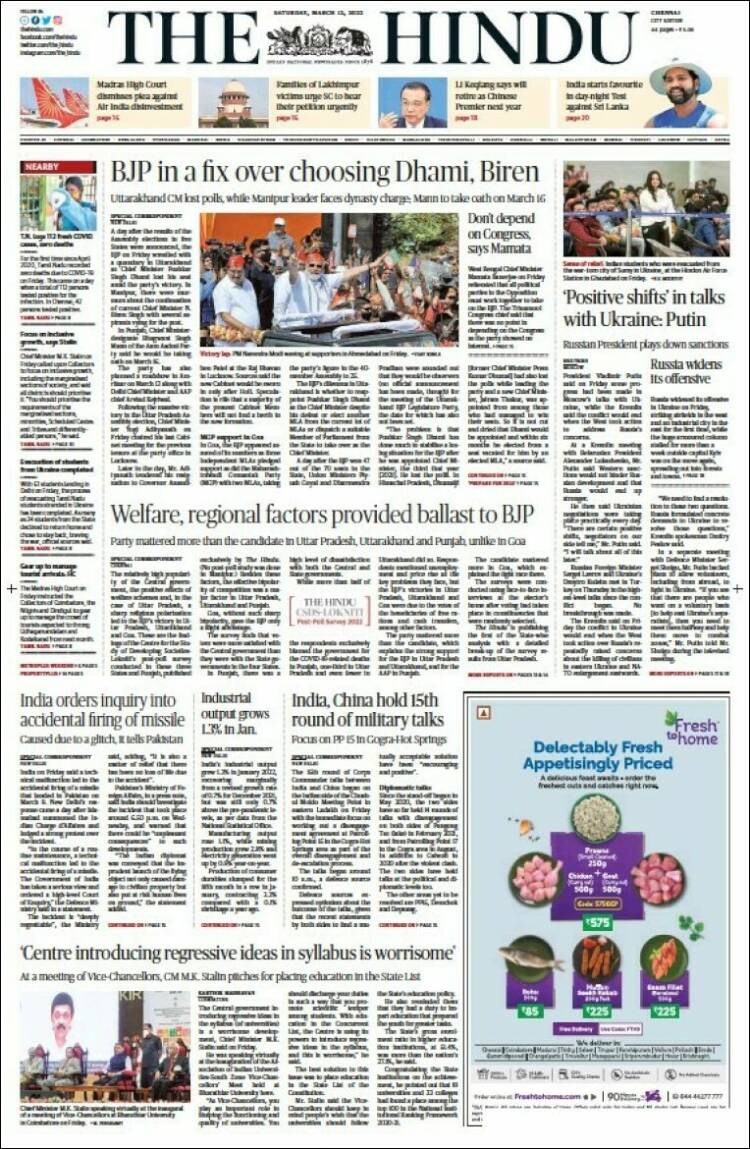 Portada de The Hindu (India)