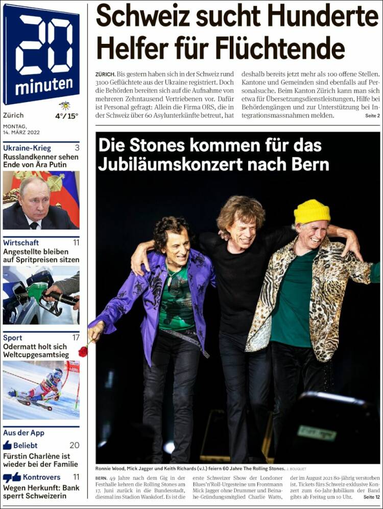 Portada de 20Minuten - Zürich (Suiza)