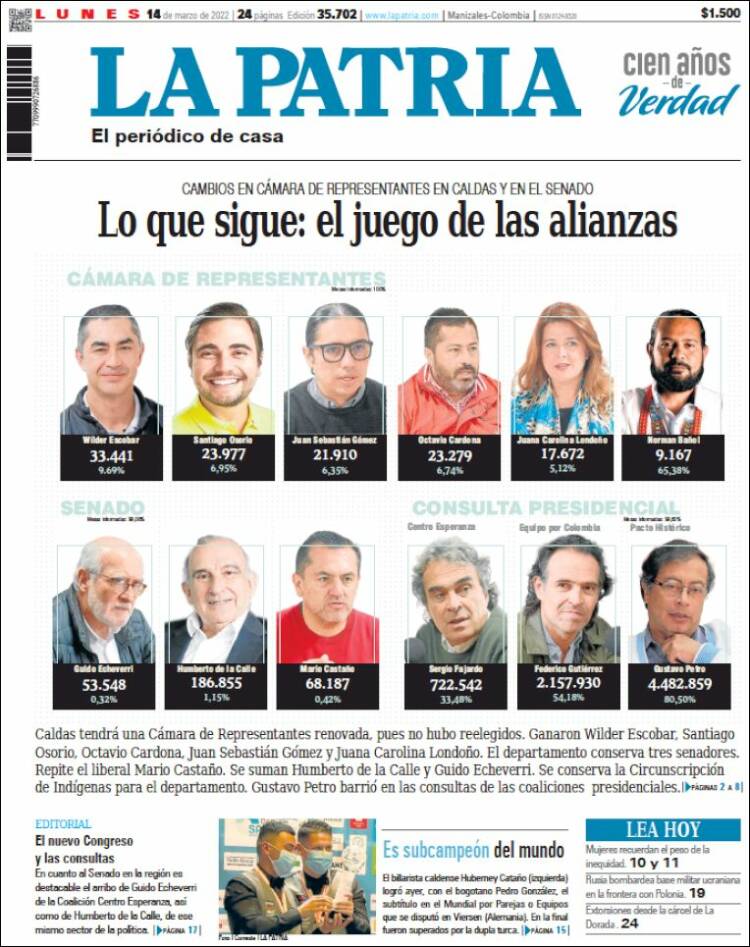 Portada de La Patria (Colombia)