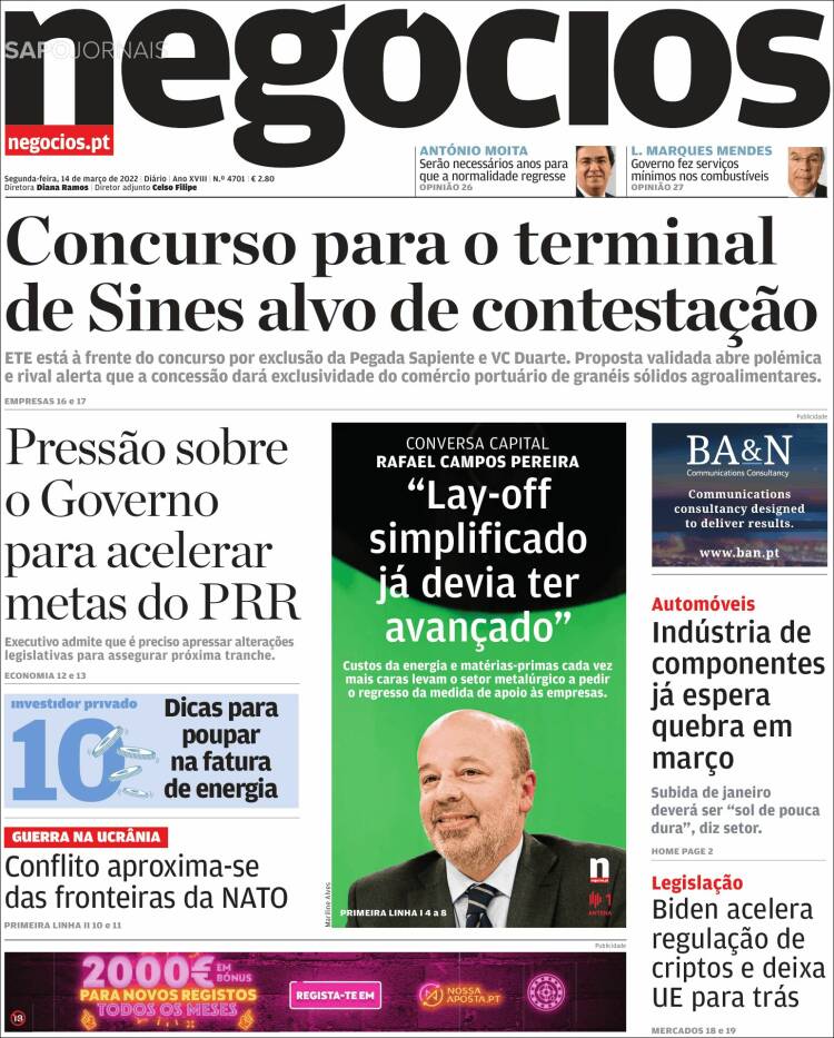 Portada de Jornal de Negócios (Portugal)
