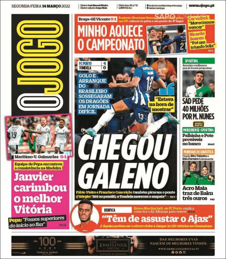 Portada de O Jogo (Portugal)
